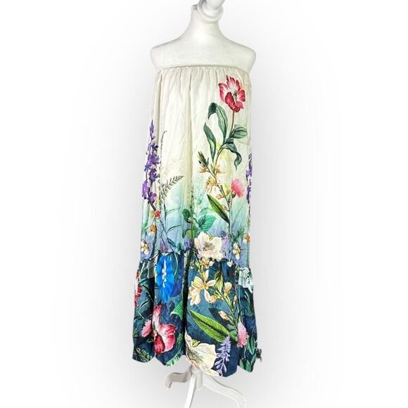 Anthropologie Midi  Dress Women's Med White Blue Floral Strapless Tunic High Low - Picture 3 of 12